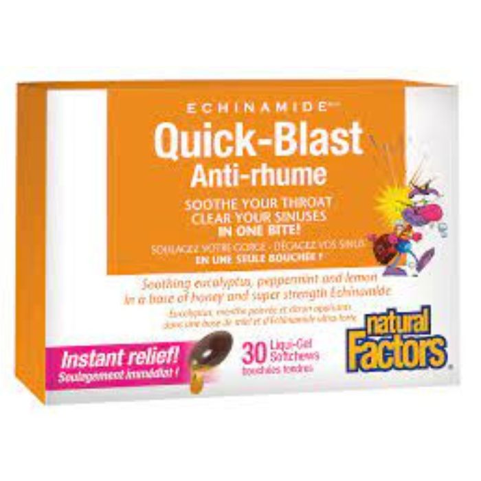 Natural Factors Echinamide® Quick-Blast 85 mg х 30 течни софтгел капсули за дъвчене с ехинацея, мед, ментол и евкалипт