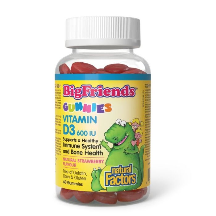 Natural Factors Витамин D3 Гъми за Деца - Big Friends, 600 IU, 60 желирани таблетки с вкус на ягода